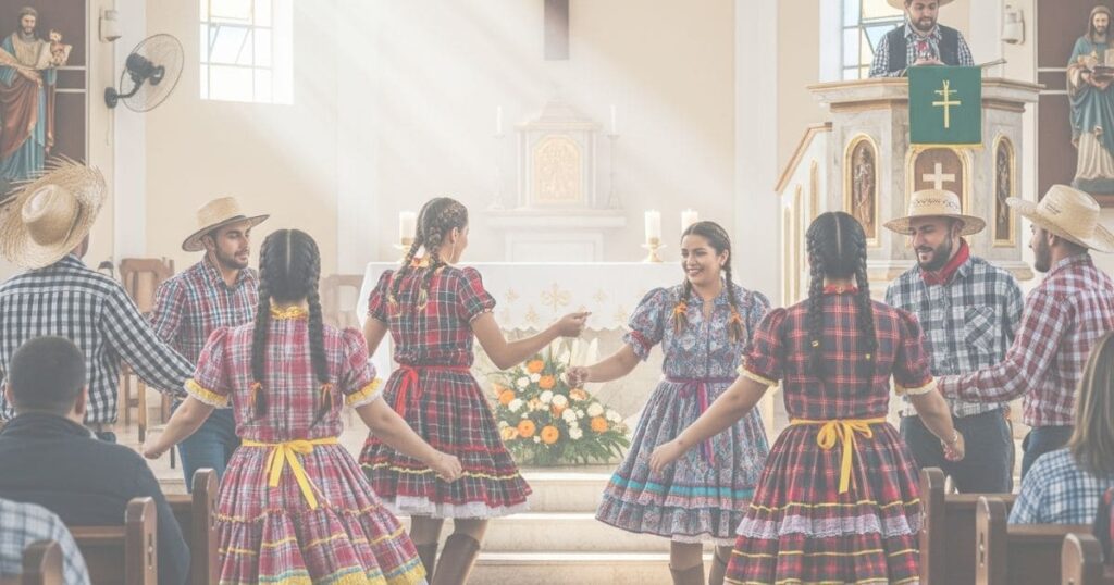 A origem das festas juninas e seu caráter religioso, pessoas dançando quadrilha dentro de uma igreja.