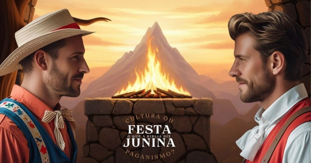dois homens de frente entre uma fogueira representando um dilema sobre festa junina o que a Bíblia diz se é cultura ou paganismo.
