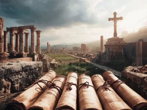 As carta de Paulo Doutirna e vida Cristã , foto que simboliza ruinas de tempos biblicos pergaminhos e cruzes