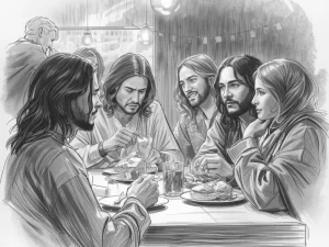 representação de pessoas reunidas com jesus em uma mesa