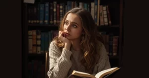 uma mulher com a Biblia na mão pensativa com expressão de duvidas