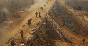 imagem representando um cerco de uma cidade com tranqueira levantado ao redor do murro