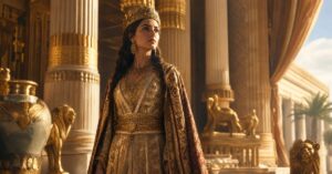 "Representação cinematográfica da Rainha Ester no palácio de Susã na antiga Pérsia, vestindo trajes reais dourados e coroa, com expressão de coragem e determinação."